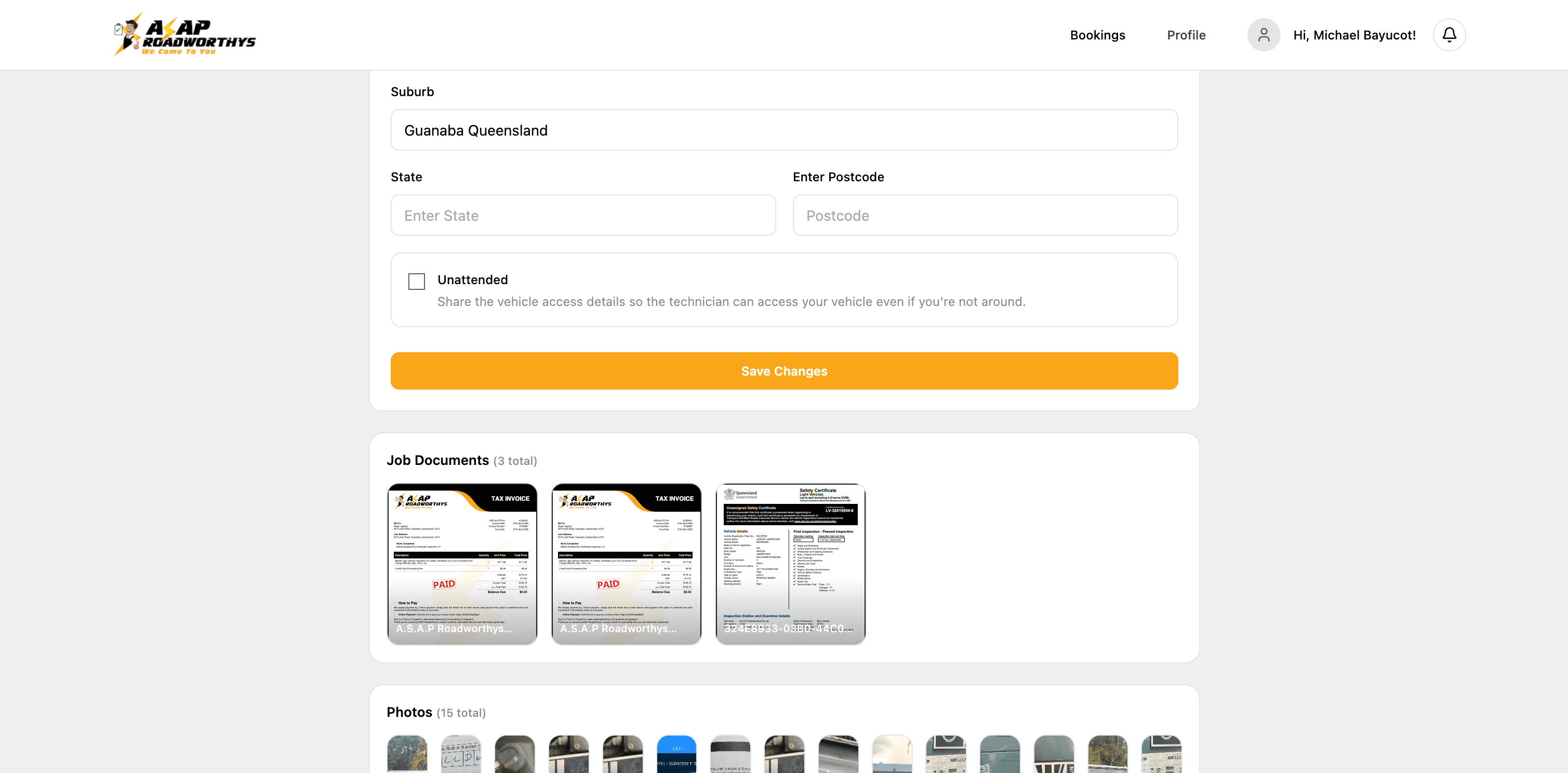 ASAP Roadworthy Customer Portal Screenshot